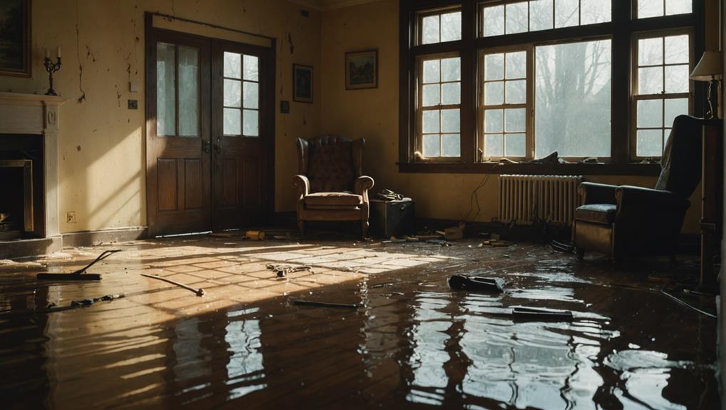 Flooded residential living room with standing water and furniture, demonstrating severe water damage requiring professional mold remediation